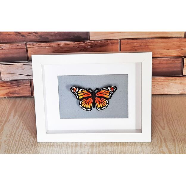 3D Embroidered Picture with MONARCH BUTTERFLY (1) white frame inside 6x8 in 