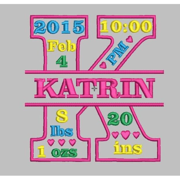 BIRTH ANNOUNCEMENT "K"  Embroidery file/Digital file, PERSONALIZED