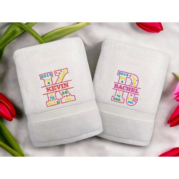 Embroidered Towel for Baby "Initials with birth Announcements"